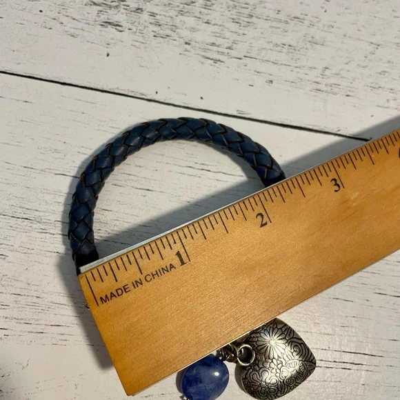 Vintage Blue Braided leather Bracelet with Silver Accents and heart charm - Picture 5 of 8